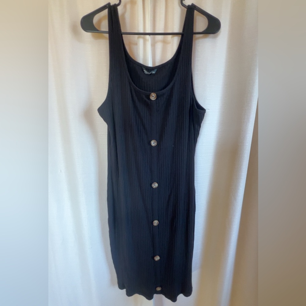 SHEIN Black Ribbed Button-Front Midi Dress